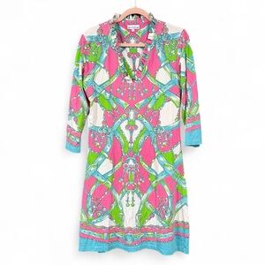 Tabi Women's‎ Pink and Green Patterned Dress Ruffled Collar Size Large